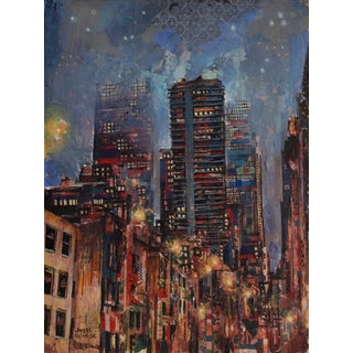 Nighttide by Josh George | Mixed media on wood panel cityscape with skyscrapers at night For Sale