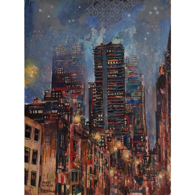 Nighttide by Josh George | Mixed media on wood panel cityscape with skyscrapers at night For Sale