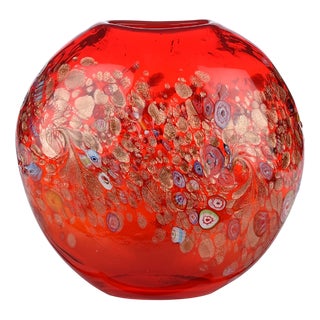 Large Mid-Century Ovoid Ruby Red Glass Vase with Murrina from Venini For Sale