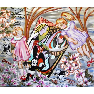 Advance to Go by Louis Recchia | Oil on canvas Painting of children and cartoon characters among flowers For Sale