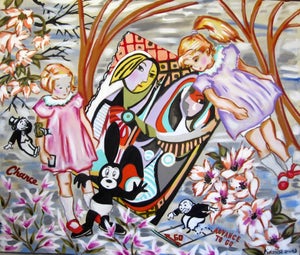 Advance to Go by Louis Recchia | Oil on canvas Painting of children and cartoon characters among flowers