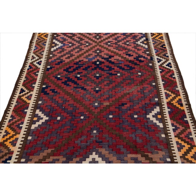 Islamic Vintage Kilim Red Handmade Flatweave Geometric Wool Runner For Sale - Image 3 of 10