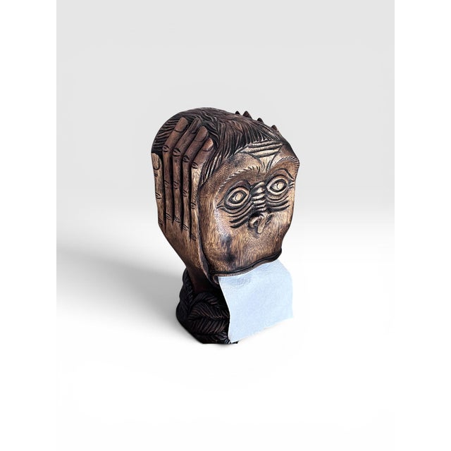 Folk Art Vintage Hand-Carved Monkey Head Wooden Toilet Paper Holder – Tiki Folk Art For Sale - Image 3 of 7