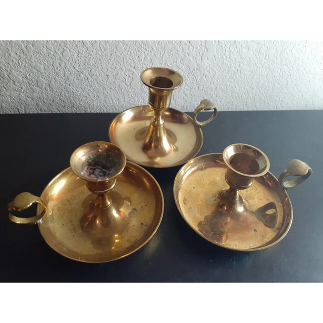 1960s Solid Brass Made in India Chamberstick Candle Holders Set of 3 For Sale - Image 4 of 8