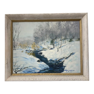 Walter Wohlschlegel Signed Modern Art Fauve Oil Painting, "Brook in Winter" Signed and Dated 1965 in Blue, White and Lavender