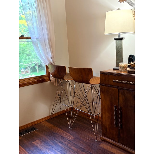 Modern Pair of Vintage "Eiffel Tower" Chrome and Bent Wood Bar Stools For Sale - Image 3 of 11