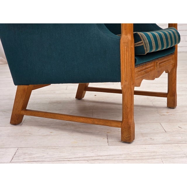 Danish Highback Armchair in Turkis-Green Wool and Oak Wood, 1970s For Sale - Image 11 of 18