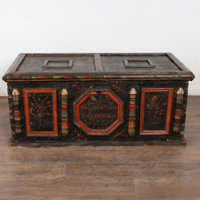 Original Painted Hungarian Flat-Top Trunk, Dated 1890 Original painted Hungarian flat-top chest dated 1890, crafted in...