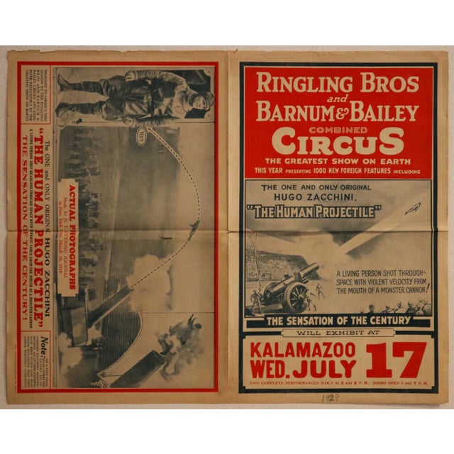 1929 American Circus Advertisement, Ringling Bros, Barnum Bailey Circus Courriers - The Human Projectile For Sale - Image 4 of 5