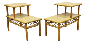 Vintage Mid Century Modern Tiki Room Rattan Bamboo Step Up End Tables - A Pair