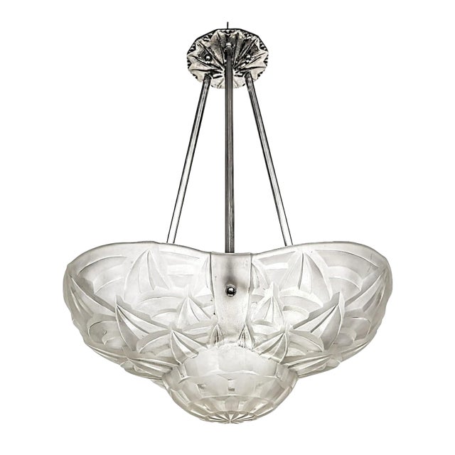 French Art Deco Pendant Chandelier Signed by Degue For Sale