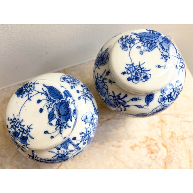 Vintage Chinese Floral Blue & White Qing Ginger Jar Pair With Lotus Petal Border For Sale - Image 4 of 12