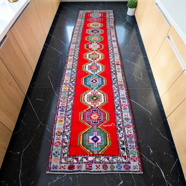 Turkish Hand-Knotted Runner Rug Bold Colors Hallway Rug - 2′8″ × 11′9″ For Sale - Image 4 of 14