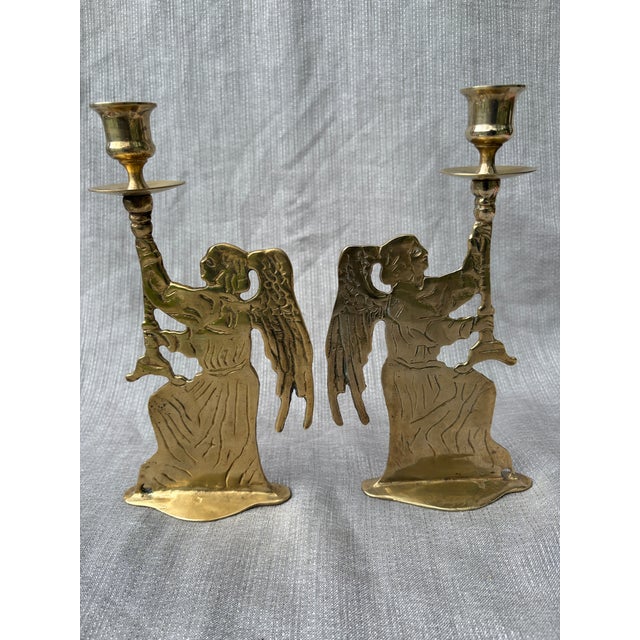 Metal Vintage Brass Angel Figural Candlesticks Holders a Pair For Sale - Image 7 of 16