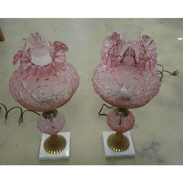Mid-Century Modern Mid 20th Century Fenton Art Glass and Marble Hurricane Table Lamps - a Pair For Sale - Image 3 of 10