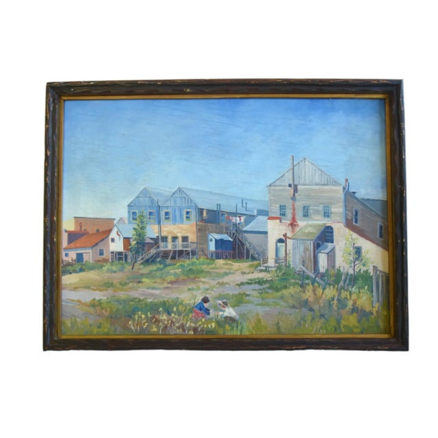 Wood Listed Artist Joseph Zeller Buildings & Meadow With Children Landscape Oil Painting W/ Frame For Sale - Image 7 of 13
