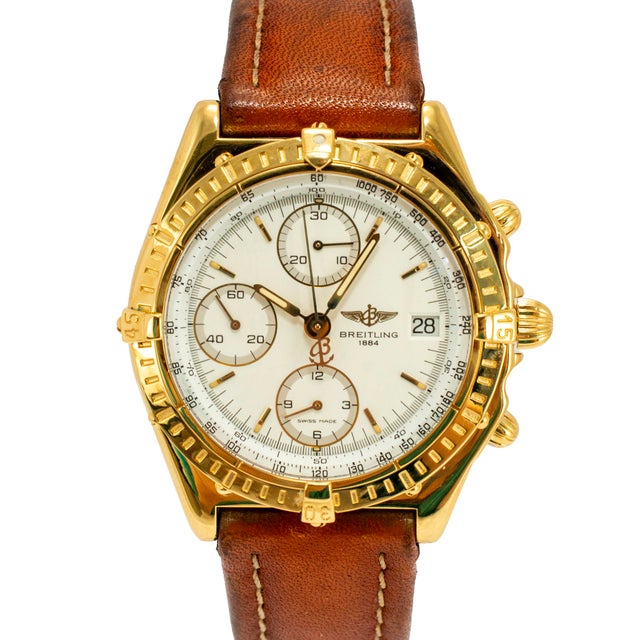 Modern Breitling Chronomat 40mm K13048 18k Yellow Gold Brown White Chronograph Watch For Sale - Image 3 of 11