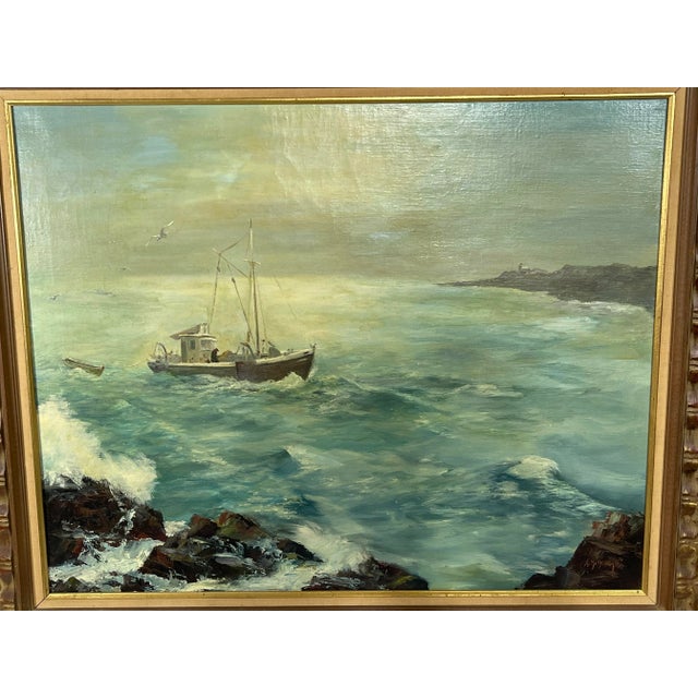 1970’s Oil on board Painting with frame -Nice painted with Sea Shore, Ocean, Waves, Sea Gulls, Sky, , fishing boat....