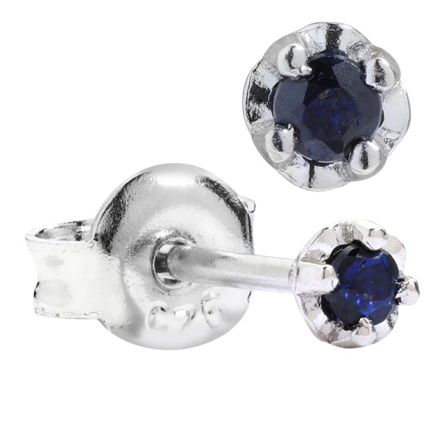 Natural 3mm Dark Blue Sapphire Stud Earrings in White Gold Plated Silver - 2 Pieces For Sale
