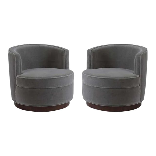 Early Grey Mohair Swivel Chairs by Edward Wormley for Dunbar, Restored - A Pair For Sale