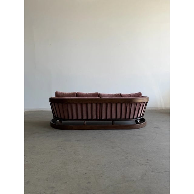 W86.5 D33.5 H26 Seat W75 SD19.5 Seat SH16.5 SD (no cushions)25.5 Elegant sculptural sofa attributed to Howard Furniture,...