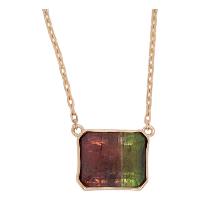 5.4Ct Bi-Color Tourmaline Necklace in Solid 14k Gold, Bezel Setting Emerald Cut For Sale