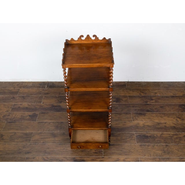 English 19th Century Walnut Barley Twist Tiered Shelf on Casters with Drawer For Sale - Image 12 of 12