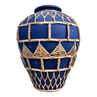 Bleu Majorelle Terracotta Woven Vessel / Vase — Cobalt Blue Mediterranean Coastal For Sale