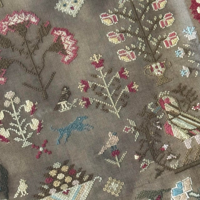 American 1843 American Pictorial Folk Art Needlework Sampler in 1840s Flame Grain Veneer Frame For Sale - Image 3 of 10