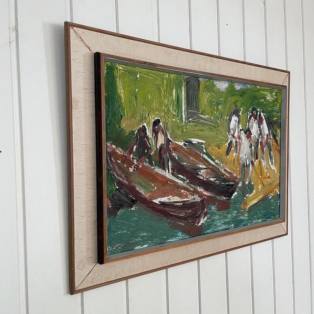 An expressive oil painting on panel by Swedish artist Hannes Wagnstedt (1906–1980), depicting a vivid harbor-side...