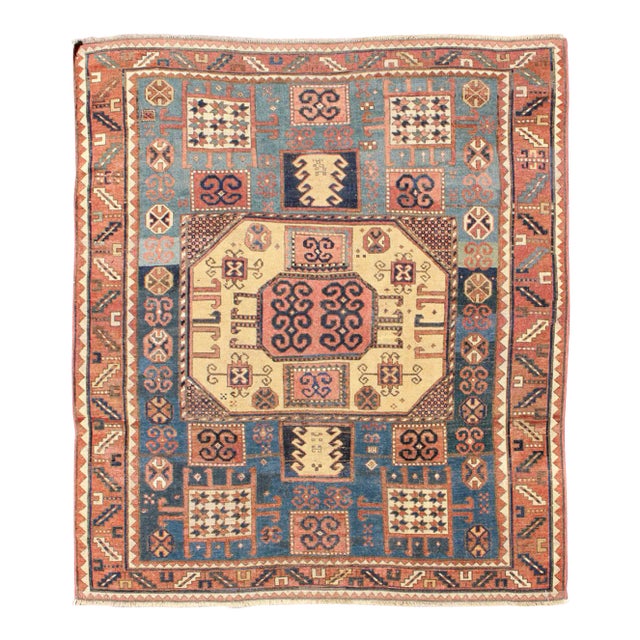 Antique Caucasian Karachopt Rug Large Rug in Blue, Salmon Teal and Soft Yellow 6'1 X 7' For Sale