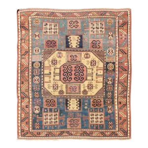 Antique Caucasian Karachopt Rug Large Rug in Blue, Salmon Teal and Soft Yellow 6'1 X 7'