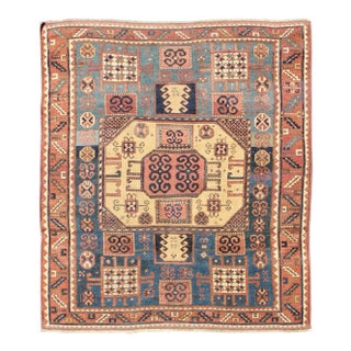 Antique Caucasian Karachopt Rug Large Rug in Blue, Salmon Teal and Soft Yellow 6'1 X 7'0 For Sale