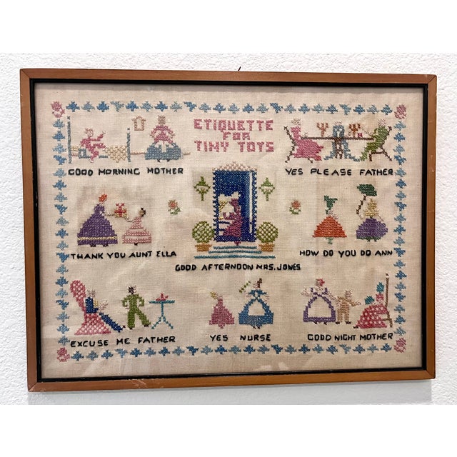Traditional Antique Early 1900s Framed Children's Etiquette Cross Stitch For Sale - Image 3 of 13