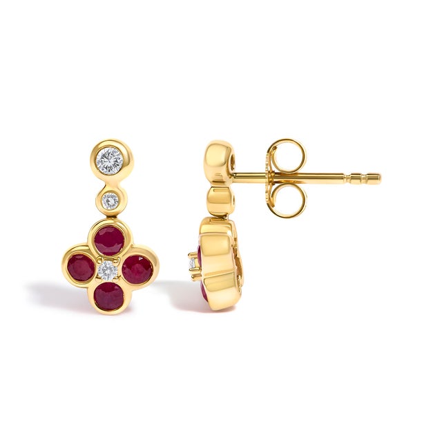 Haus of Brilliance 14K Yellow Gold 1/10 Cttw Diamond and Ruby Floral Dangle Earrings, Pair For Sale - Image 4 of 4