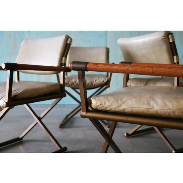 Mid-Century Modern 1970s Cal Style Director Chairs Oak Brass and Vinyl Set of 4 For Sale - Image 3 of 11