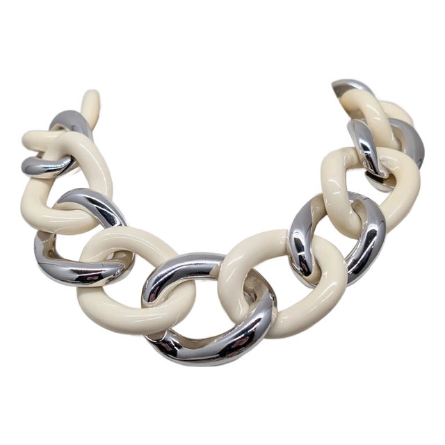 Vintage 1980s Signed Givenchy Rhodium & Ivory Enamel Link Collar Necklace For Sale