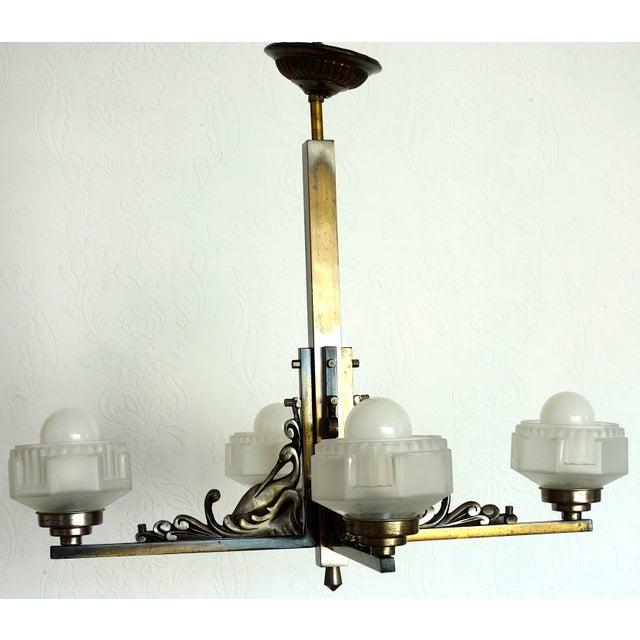French Art Deco Brass and Satin Glass 4-Light Chandelier, 1920s For Sale - Image 4 of 15