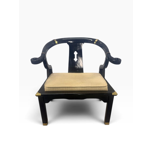 Chinoiserie Vintage Spanish Chinoiserie Black Lacquer & Brass Horseshoe Chair, James Mont Style For Sale - Image 3 of 13