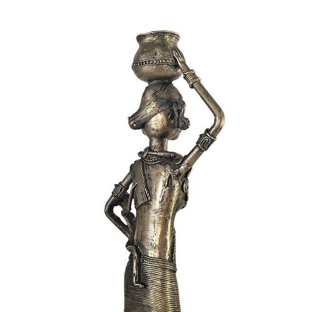 Tribal Vintage Dhokra Brass Woman and Child Figurine, Lost-Wax Tribal Sculpture, 15" For Sale - Image 3 of 11