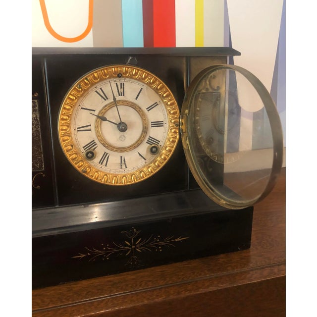 Black Vintage Heavy Wood and Metal Mantle Clock For Sale - Image 8 of 12
