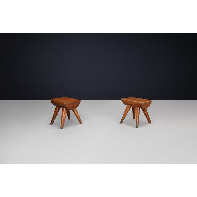 Gold Brutalist Pine Stool, France, 1960s For Sale - Image 8 of 10