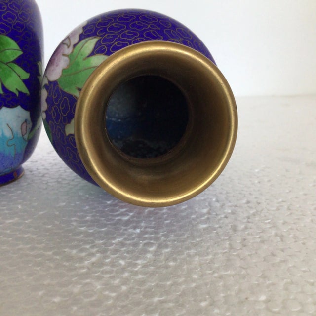 Metal Blue Cloisonné Vases Decorated in Traditional Chinese Wealth Flowers - A Pair For Sale - Image 7 of 13