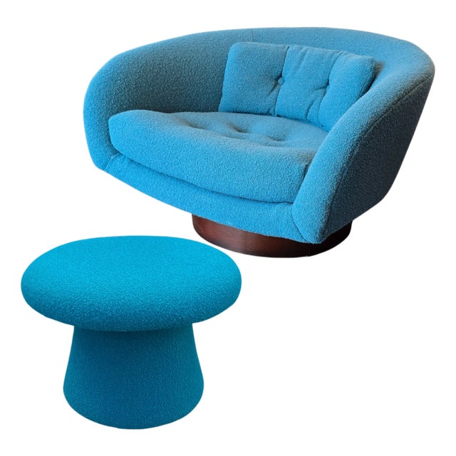 Set Milo Baughman Style Knoll Boucle Swivel Barrel Chair - Reupholstered With Custom Footstool For Sale