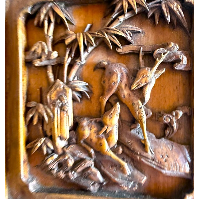 Chinese Vintage Wood Carving of Two Deer in a Wood Frame For Sale - Image 4 of 11