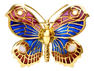 Hause of Brilliance 18K Yellow Gold Red, Blue, and White Enameled Butterfly Brooch Pin