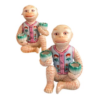 20th Century Chinoiserie Monkey Figurines With Lotus Flower Bowls - a Pair For Sale