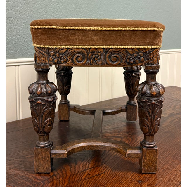 Brown Antique English Jacobean Upholstered Bench Stool Carved Oak C. 1930s For Sale - Image 8 of 16