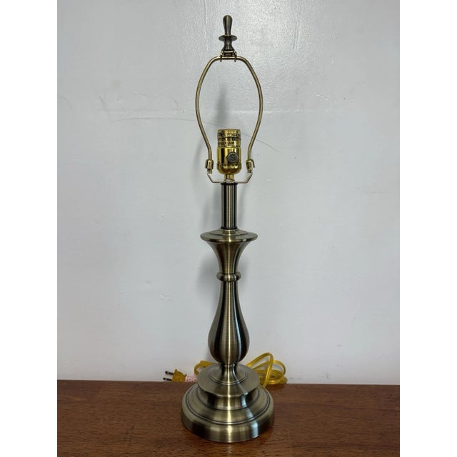 American Vintage Stiffel Solid Brass Table Lamp Antique Finish W/ Original Shade Working For Sale - Image 3 of 12