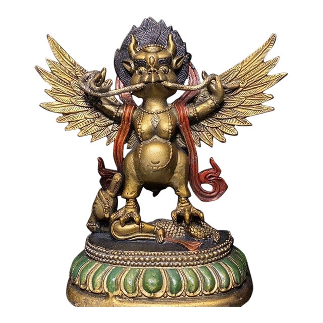 Late 19th Century Gilt Bronze Garuda Statue, Mythical Bird Figure, 700g For Sale